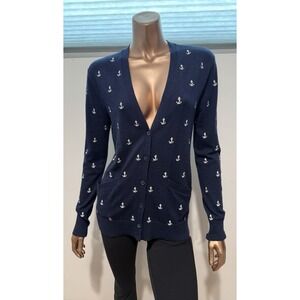 $200 Equipment Summer Coastal Theme Wool Embroidered Sweater Cardigan Navy/XS